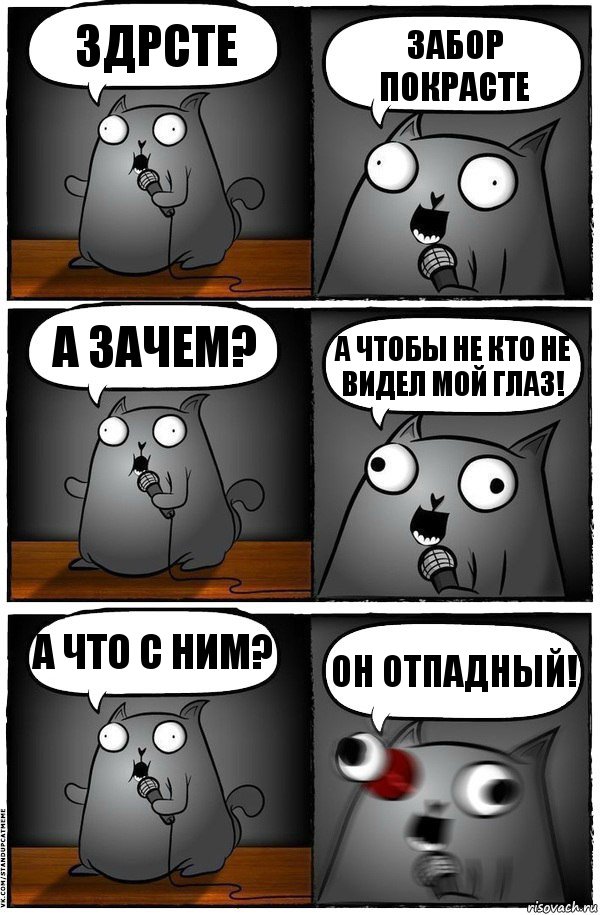 Здрсте ЗАБОР ПОКРАСТЕ а зачем? А ЧТОБЫ НЕ КТО НЕ ВИДЕЛ МОЙ ГЛАЗ! А что с ним? ОН ОТПАДНЫЙ!, Комикс  Стендап-кот