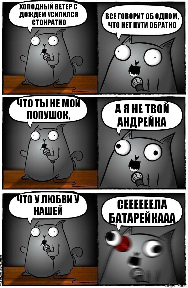 холодный ветер с дождем усилился стократно Все говорит об одном, что нет пути обратно Что ты не мой лопушок, а я не твой Андрейка что у любви у нашей СЕЕЕЕЕЕЛА БАТАРЕЙКААА, Комикс  Стендап-кот