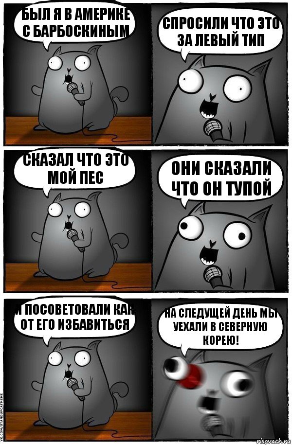 Был я в Америке с Барбоскиным Спросили что это за левый тип Сказал что это мой пес Они сказали что он тупой И посоветовали как от его избавиться На следущей день мы уехали в Северную Корею!, Комикс  Стендап-кот