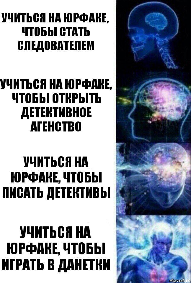 Учиться на юрфаке, чтобы стать следователем Учиться на юрфаке, чтобы открыть детективное агенство Учиться на юрфаке, чтобы писать детективы Учиться на юрфаке, чтобы играть в данетки, Комикс  Сверхразум