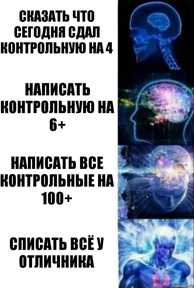 Сказать что сегодня сдал контрольную на 4 Написать контрольную на 6+ Написать все контрольные на 100+ Списать всё у отличника, Комикс  Сверхразум