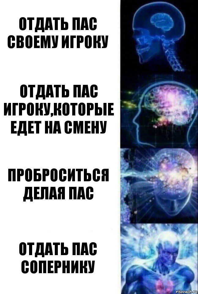 Отдать пас своему игроку Отдать пас игроку,которые едет на смену Проброситься делая пас Отдать пас сопернику, Комикс  Сверхразум