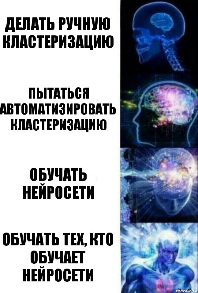 Делать ручную кластеризацию Пытаться автоматизировать кластеризацию Обучать нейросети Обучать тех, кто обучает нейросети, Комикс  Сверхразум