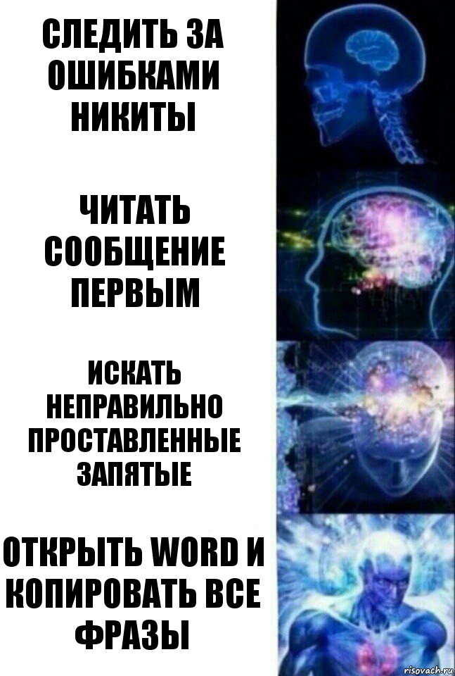 Следить за ошибками Никиты Читать сообщение первым Искать неправильно проставленные запятые Открыть Word и копировать все фразы, Комикс  Сверхразум