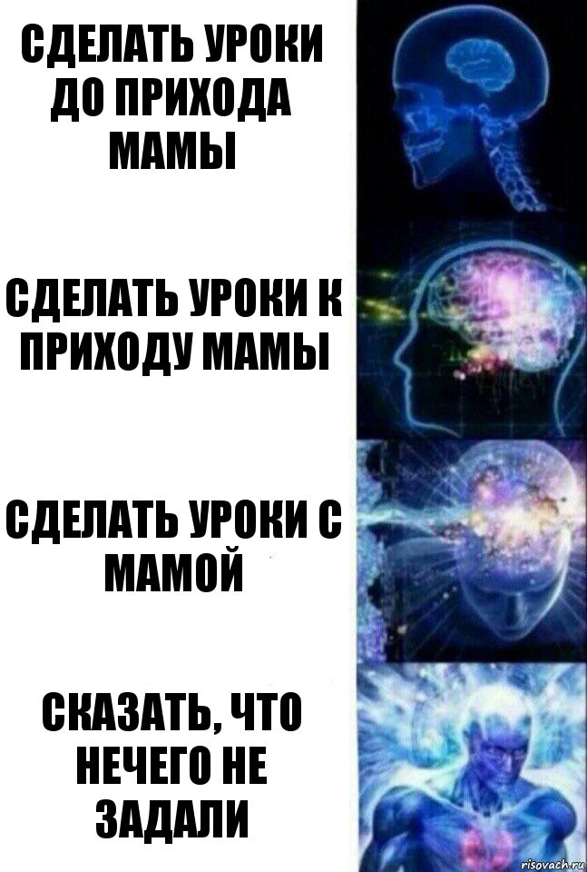 Сделать уроки до прихода мамы Сделать уроки к приходу мамы Сделать уроки с мамой Сказать, что нечего не задали, Комикс  Сверхразум