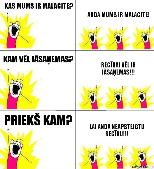 Kas mums ir malacite? Anda mums ir malacite! Kam vēl jāsaņemas? Regīnai vēl ir jāsaņemas!!! Priekš kam? Lai Anda neapsteigtu Regīnu!!!, Комикс Кто мы и чего мы хотим