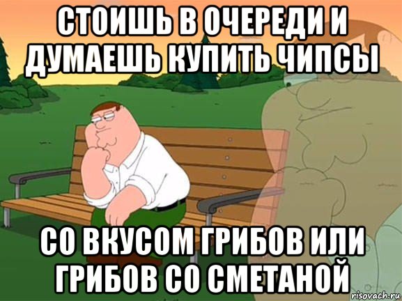 стоишь в очереди и думаешь купить чипсы со вкусом грибов или грибов со сметаной, Мем Задумчивый Гриффин