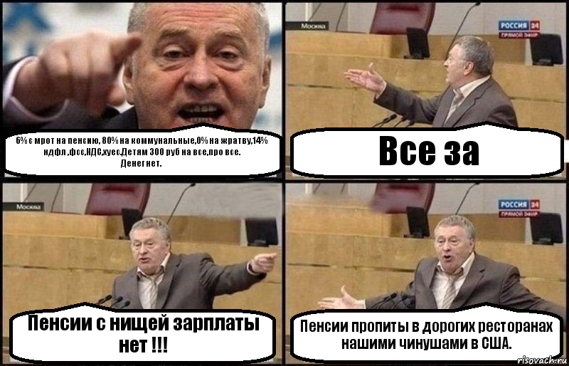 6% с мрот на пенсию, 80% на коммунальные,0% на жратву,14% ндфл ,фсс,НДС,хуес.Детям 300 руб на все,про все.
Денег нет. Все за Пенсии с нищей зарплаты нет !!! Пенсии пропиты в дорогих ресторанах нашими чинушами в США., Комикс Жириновский