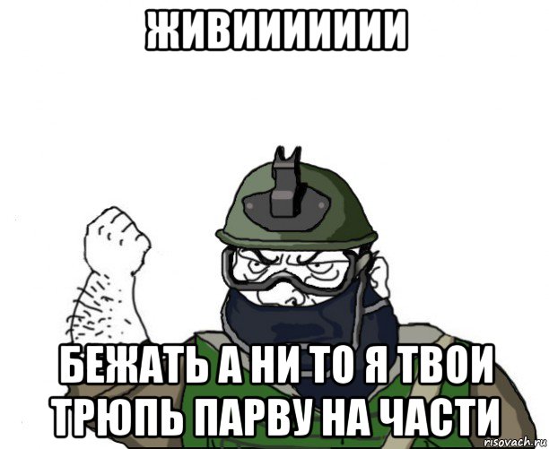 живиииииии бежать а ни то я твои трюпь парву на части, Мем Будь мужиком в маске блеать