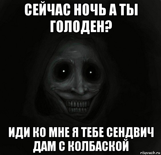 сейчас ночь а ты голоден? иди ко мне я тебе сендвич дам с колбаской, Мем Ночной гость