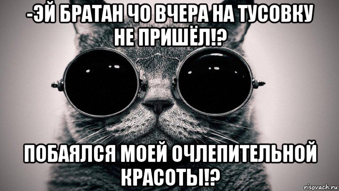 -эй братан чо вчера на тусовку не пришёл!? побаялся моей очлепительной красоты!?