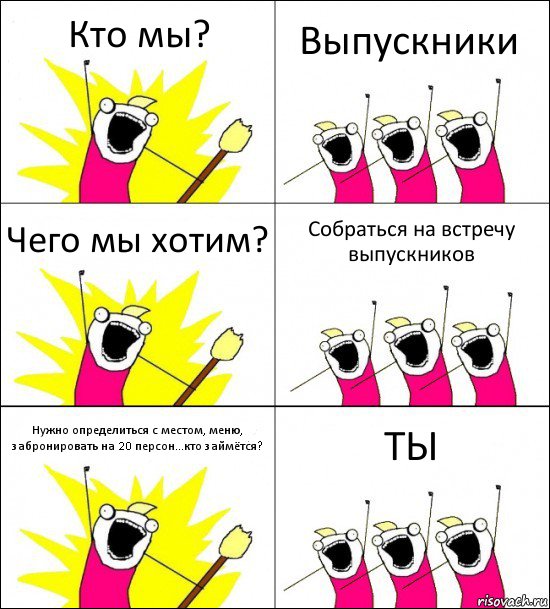 Кто мы? Выпускники Чего мы хотим? Собраться на встречу выпускников Нужно определиться с местом, меню, забронировать на 20 персон...кто займётся? ТЫ, Комикс кто мы