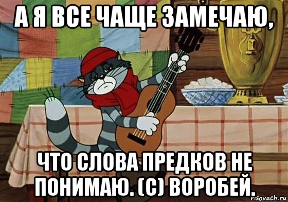 а я все чаще замечаю, что слова предков не понимаю. (с) воробей., Мем Грустный Матроскин с гитарой