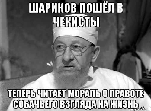 шариков пошёл в чекисты теперь читает мораль о правоте собачьего взгляда на жизнь, Мем Профессор Преображенский