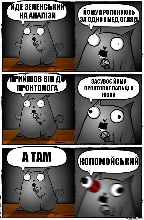 йде зеленський на аналізи йому пропонують за одно і мед огляд прийшов він до проктолога засувоє йому проктолог пальці в жопу а там КОЛОМОЙСЬКИЙ, Комикс  Стендап-кот