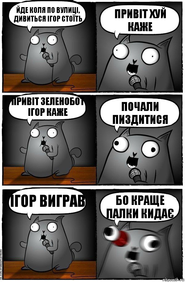 йде коля по вулиці, дивиться ігор стоїть Привіт ХУЙ каже Привіт зеленобот Ігор каже почали пиздитися Ігор виграв БО краще палки кидає, Комикс  Стендап-кот