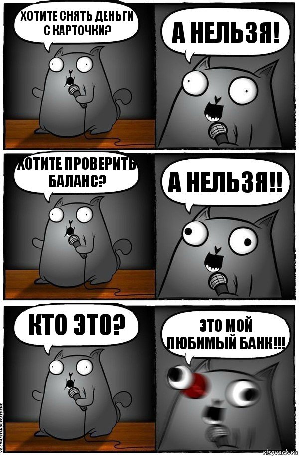 Хотите снять деньги с карточки? А нельзя! Хотите проверить баланс? А нельзя!! Кто это? Это мой любимый банк!!!, Комикс  Стендап-кот