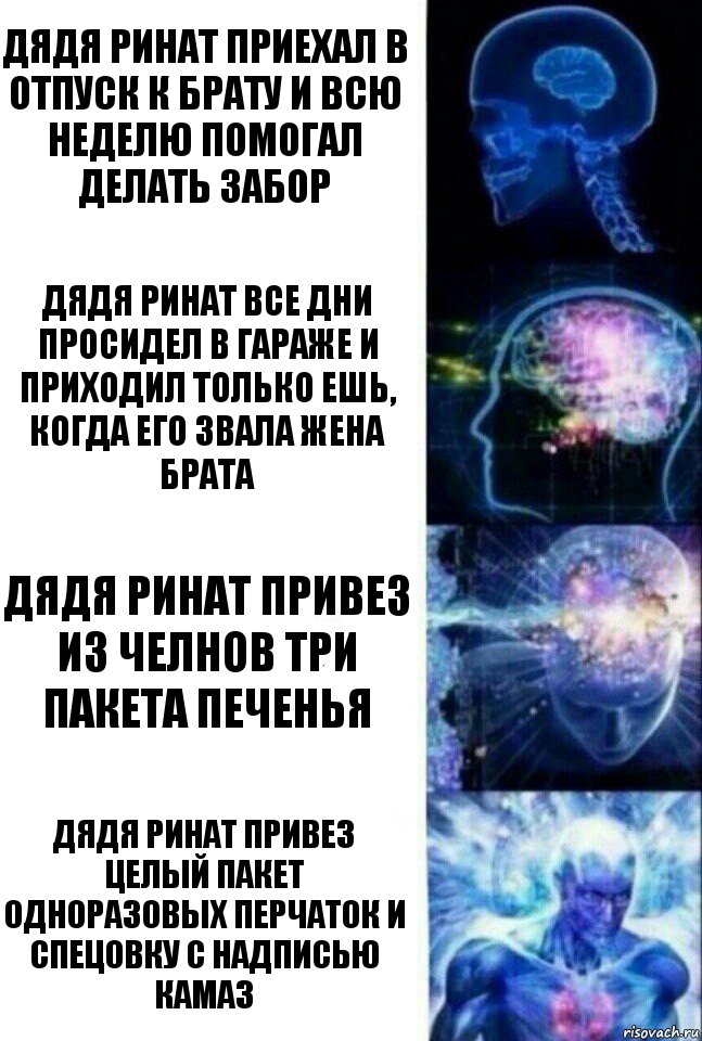 Дядя Ринат приехал в отпуск к брату и всю неделю помогал делать забор Дядя Ринат все дни просидел в гараже и приходил только ешь, когда его звала жена брата Дядя Ринат привез из Челнов три пакета печенья Дядя Ринат привез целый пакет одноразовых перчаток и спецовку с надписью КАМАЗ, Комикс  Сверхразум