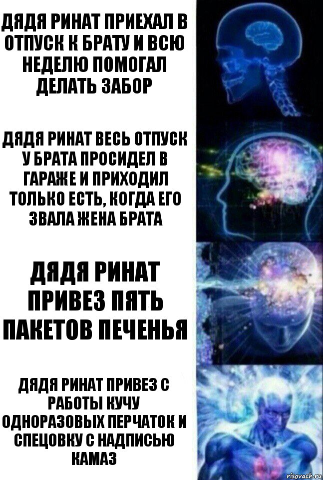 Дядя Ринат приехал в отпуск к брату и всю неделю помогал делать забор Дядя Ринат весь отпуск у брата просидел в гараже и приходил только есть, когда его звала жена брата Дядя Ринат привез пять пакетов печенья Дядя Ринат привез с работы кучу одноразовых перчаток и спецовку с надписью КАМАЗ, Комикс  Сверхразум