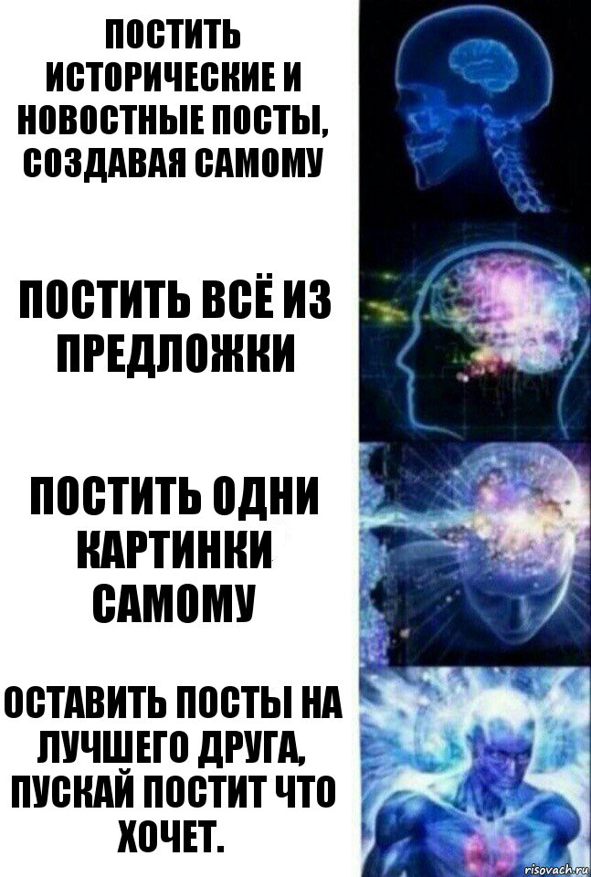 Постить исторические и новостные посты, создавая самому Постить всё из предложки Постить одни картинки самому Оставить посты на лучшего друга, пускай постит что хочет., Комикс  Сверхразум