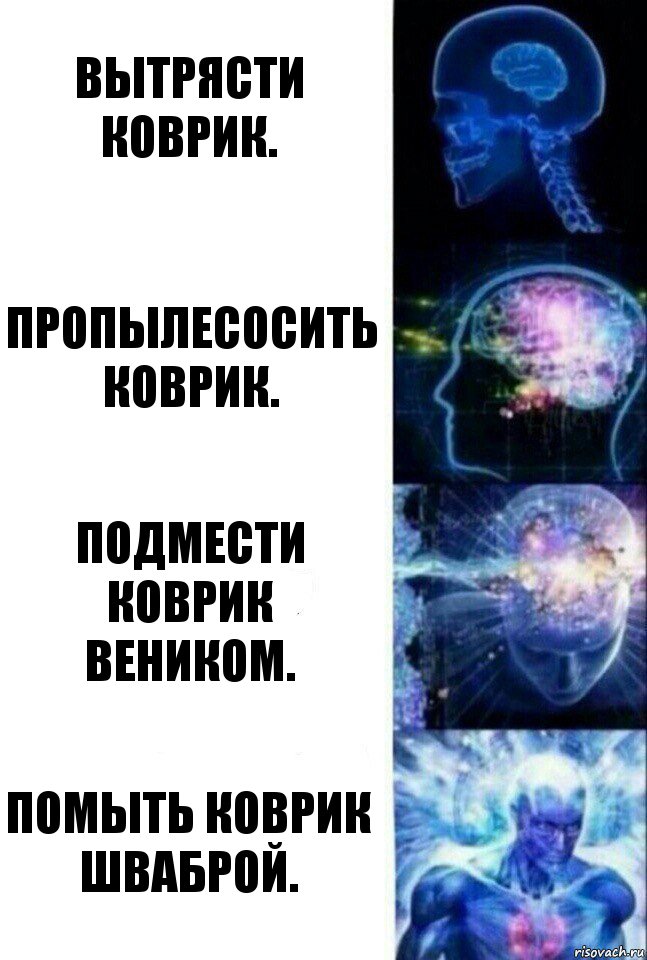 Вытрясти коврик. Пропылесосить коврик. Подмести коврик веником. Помыть коврик шваброй., Комикс  Сверхразум