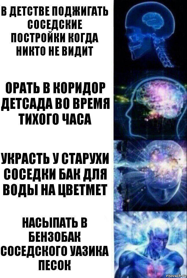 В детстве поджигать соседские постройки когда никто не видит Орать в коридор детсада во время тихого часа Украсть у старухи соседки бак для воды на цветмет Насыпать в бензобак соседского Уазика песок, Комикс  Сверхразум