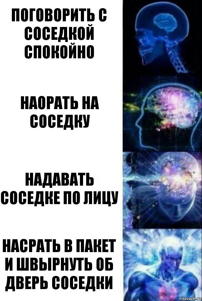 Поговорить с соседкой спокойно Наорать на соседку Надавать соседке по лицу Насрать в пакет и швырнуть об дверь соседки, Комикс  Сверхразум