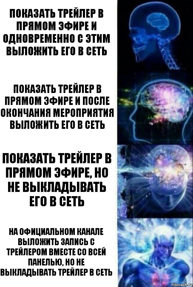 Показать трейлер в прямом эфире и одновременно с этим выложить его в сеть Показать трейлер в прямом эфире и после окончания мероприятия выложить его в сеть Показать трейлер в прямом эфире, но не выкладывать его в сеть На официальном канале выложить запись с трейлером вместе со всей панелью, но не выкладывать трейлер в сеть, Комикс  Сверхразум