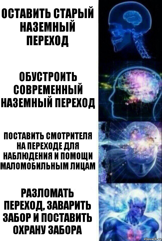 оставить старый наземный переход обустроить современный наземный переход поставить смотрителя на переходе для наблюдения и помощи маломобильным лицам разломать переход, заварить забор и поставить охрану забора, Комикс  Сверхразум