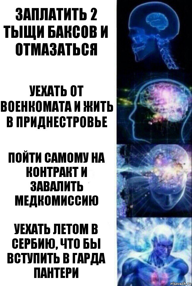 заплатить 2 тыщи баксов и отмазаться уехать от военкомата и жить в приднестровье пойти самому на контракт и завалить медкомиссию уехать летом в Сербию, что бы вступить в ГАРда пантери, Комикс  Сверхразум