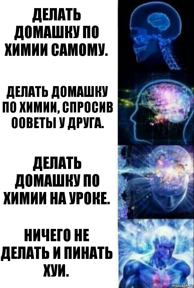 Делать домашку по химии самому. Делать домашку по химии, спросив ооветы у друга. Делать домашку по химии на уроке. Ничего не делать и пинать хуи., Комикс  Сверхразум