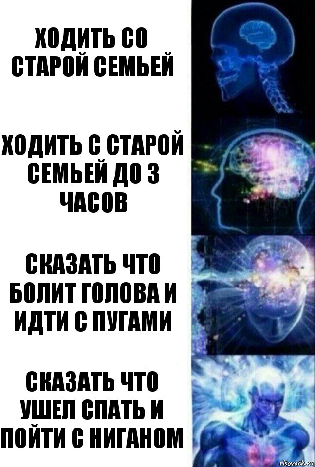 Ходить со старой семьей Ходить с старой семьей до 3 часов Сказать что болит голова и идти с пугами Сказать что ушел спать и пойти с ниганом, Комикс  Сверхразум