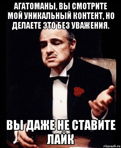 агатоманы, вы смотрите мой уникальный контент, но делаете это без уважения. вы даже не ставите лайк, Мем ты делаешь это без уважения