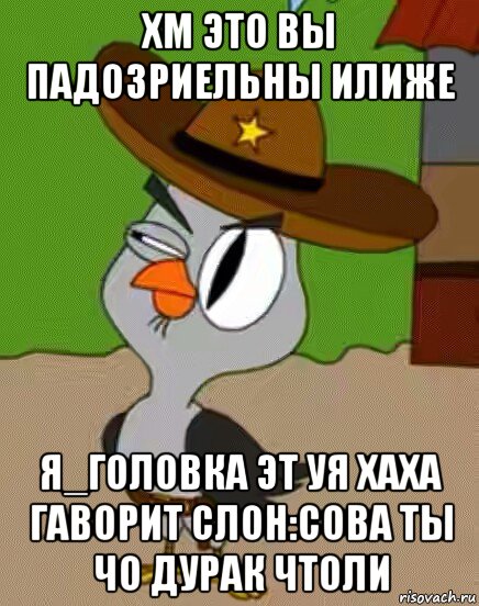 хм это вы падозриельны илиже я_головка эт уя хаха гаворит слон:сова ты чо дурак чтоли, Мем    Упоротая сова