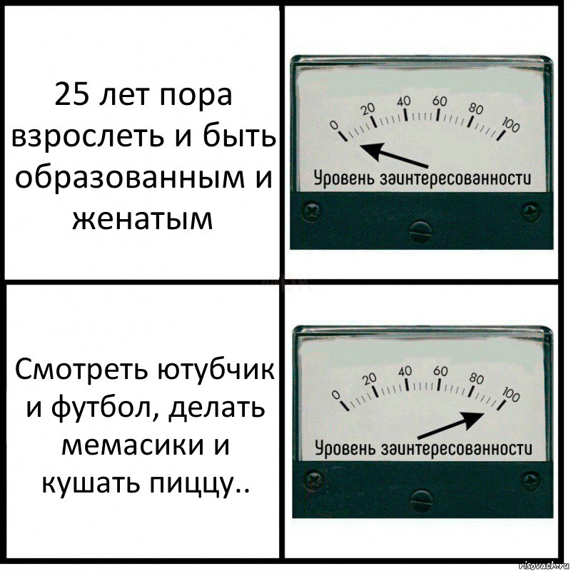 25 лет пора взрослеть и быть образованным и женатым Смотреть ютубчик и футбол, делать мемасики и кушать пиццу.., Комикс Уровень заинтересованности