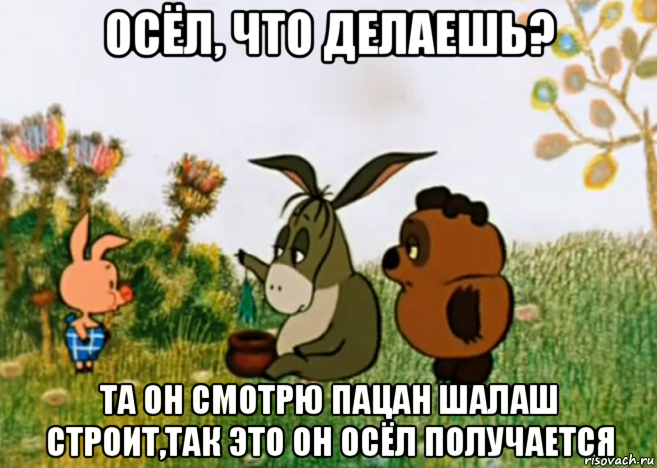 осёл, что делаешь? та он смотрю пацан шалаш строит,так это он осёл получается, Мем Винни Пух Пятачок и Иа