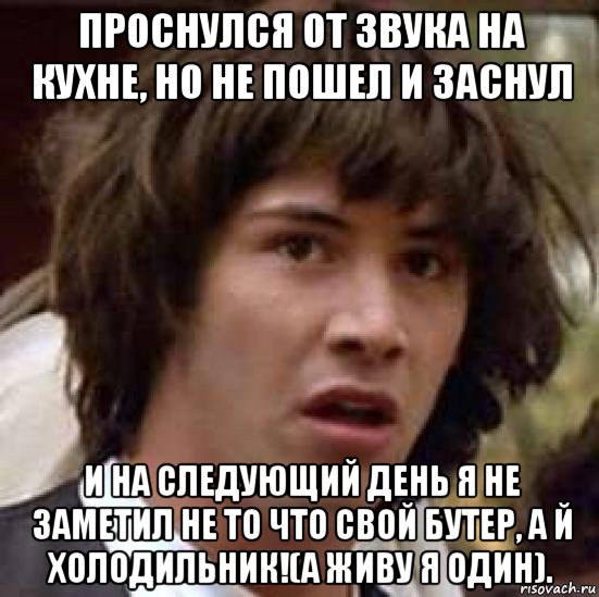 проснулся от звука на кухне, но не пошел и заснул и на следующий день я не заметил не то что свой бутер, а й холодильник!(а живу я один)., Мем А что если (Киану Ривз)