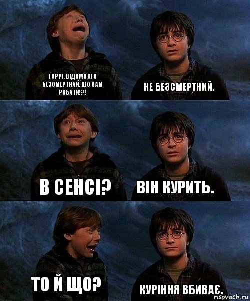 Гаррі, Відомо хто безсмертний, що нам робити!?! Не безсмертний. В сенсі? Він курить. То й що? Куріння вбиває., Комикс гарри и рон в пещере пауков