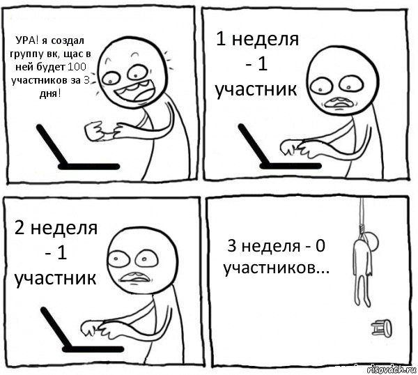 УРА! я создал группу вк, щас в ней будет 100 участников за 3 дня! 1 неделя - 1 участник 2 неделя - 1 участник 3 неделя - 0 участников..., Комикс интернет убивает