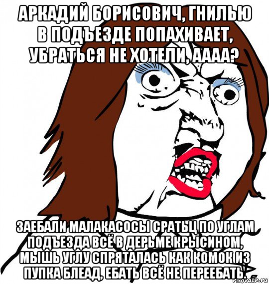 аркадий борисович, гнилью в подъезде попахивает, убраться не хотели, аааа? заебали малакасосы сратьц по углам подъезда всё в дерьме крысином, мышь углу спряталась как комок из пупка блеад, ебать всё не переебать., Мем Ну почему (девушка)