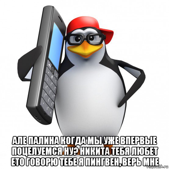  але палина когда мы уже впервые поцелуемся ну? никита тебя любет ето говорю тебе я пингвен, верь мне, Мем   Пингвин звонит