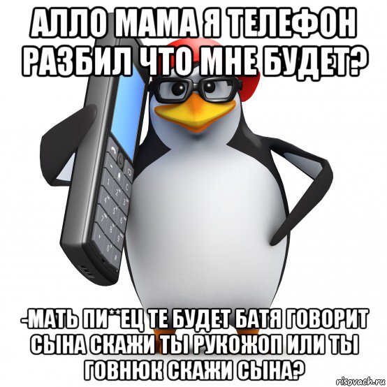 алло мама я телефон разбил что мне будет? -мать пи**ец те будет батя говорит сына скажи ты рукожоп или ты говнюк скажи сына?, Мем   Пингвин звонит