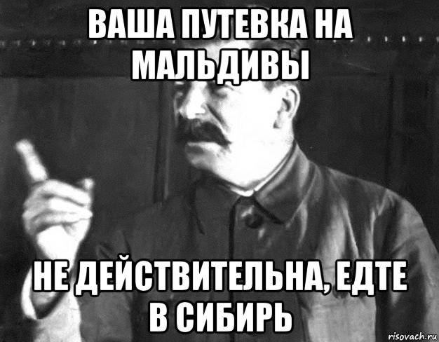 ваша путевка на мальдивы не действительна, едте в сибирь, Мем  Сталин пригрозил пальцем