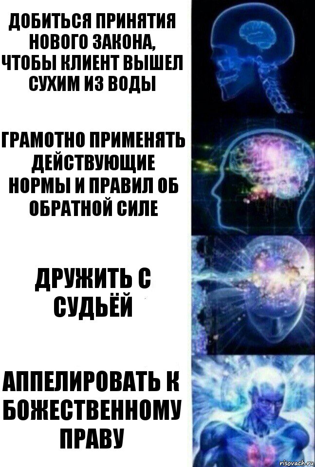 Добиться принятия нового закона,
чтобы клиент вышел сухим из воды Грамотно применять действующие нормы и правил об обратной силе Дружить с судьёй Аппелировать к божественному праву, Комикс  Сверхразум