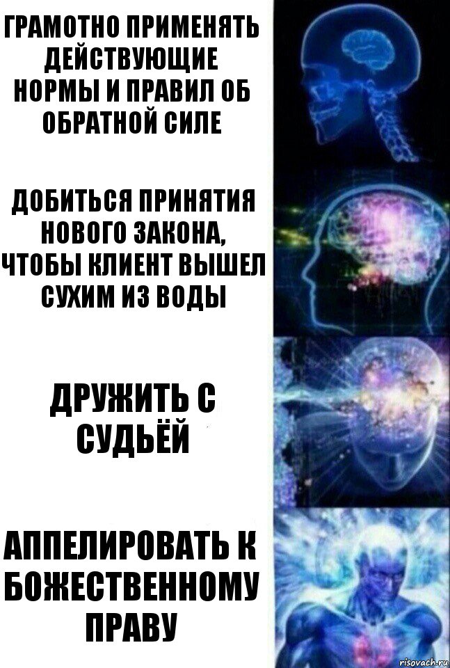 Грамотно применять действующие нормы и правил об обратной силе Добиться принятия нового закона,
чтобы клиент вышел сухим из воды Дружить с судьёй Аппелировать к божественному праву, Комикс  Сверхразум