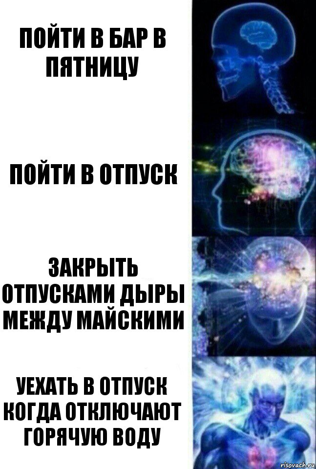 Пойти в бар в пятницу Пойти в отпуск Закрыть отпусками дыры между майскими Уехать в отпуск когда отключают горячую воду, Комикс  Сверхразум