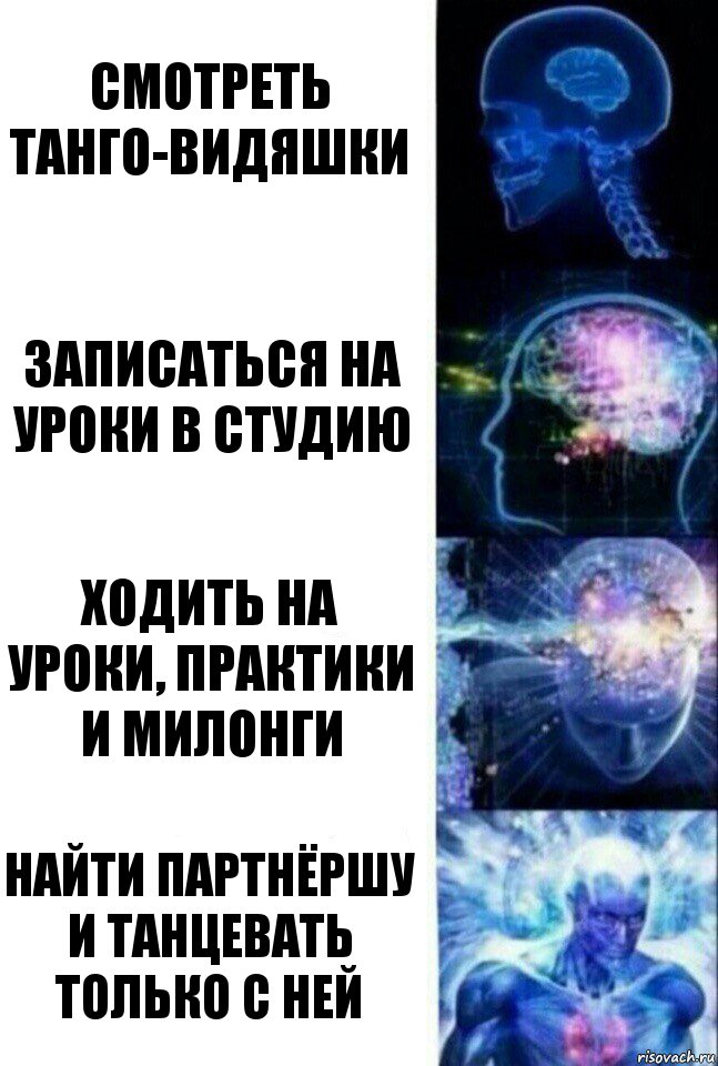 Смотреть танго-видяшки Записаться на уроки в студию Ходить на уроки, практики и милонги Найти партнёршу и танцевать только с ней, Комикс  Сверхразум