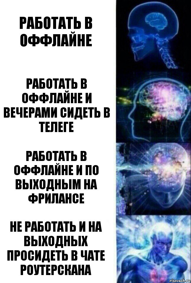 работать в оффлайне работать в оффлайне и вечерами сидеть в телеге работать в оффлайне и по выходным на фрилансе не работать и на выходных просидеть в чате роутерскана, Комикс  Сверхразум