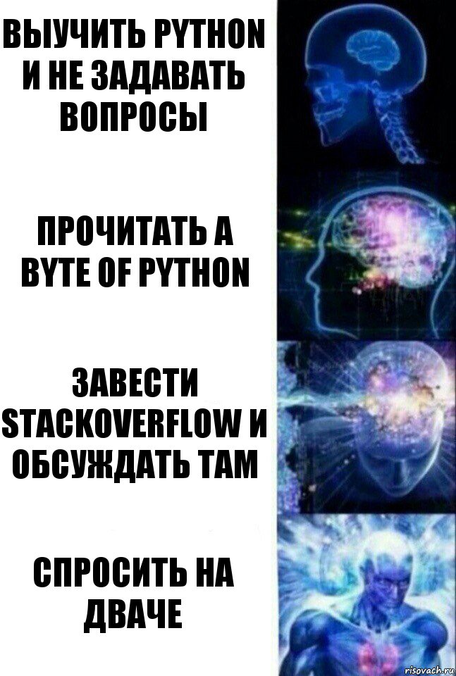 Выучить Python и не задавать вопросы Прочитать A Byte Of Python Завести StackOverflow и обсуждать там Спросить на дваче, Комикс  Сверхразум