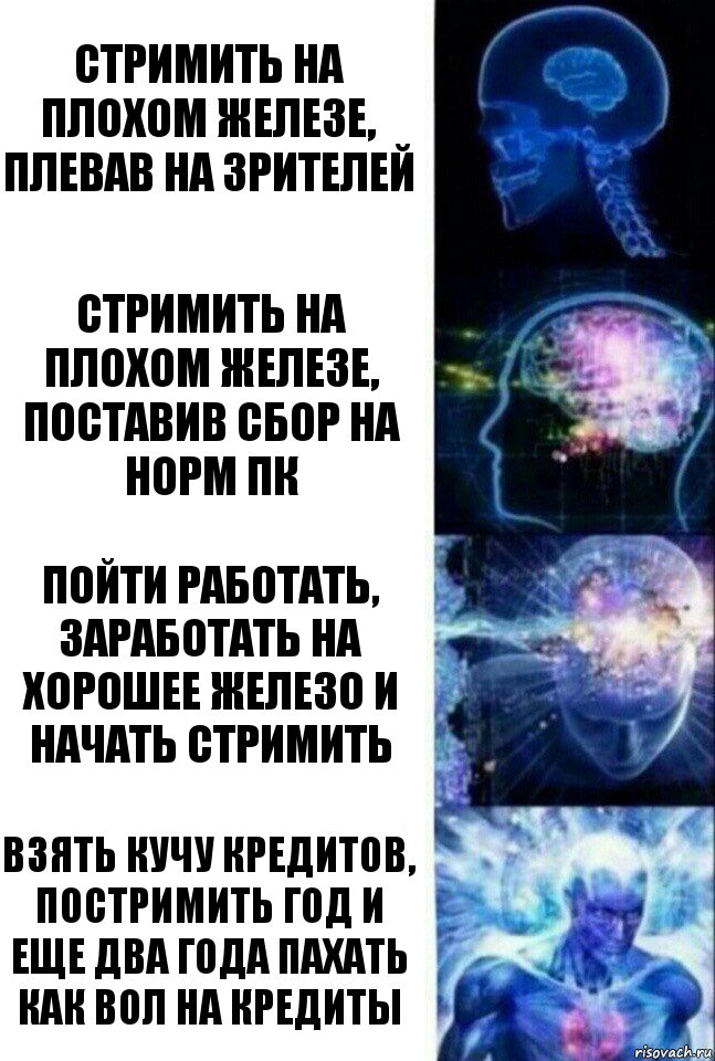 стримить на плохом железе, плевав на зрителей стримить на плохом железе, поставив сбор на норм ПК пойти работать, заработать на хорошее железо и начать стримить взять кучу кредитов, постримить год и еще два года пахать как вол на кредиты, Комикс  Сверхразум